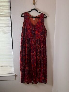 VTG Avenue Red Orange Sleeveless Button-Front Maxi Dress Boho 100 cotton flowy